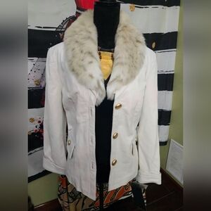 NWT Terry Lewis White Leather Fur Collar Women's Jacket